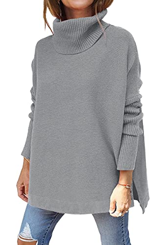 EFAN Damen Rollkragenpullover Übergroße Pullover Langarm Verschütteter Saum Casual Asymmetrisch Pullover Strick Warme Kleidung für Winter, Hellgrau, X-Groß von EFAN