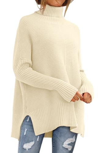 EFAN Trendiger übergroßer Rollkragenpullover für Frauen Lange gestrickte gemütliche Pullover Pullover, Aprikose, Klein von EFAN