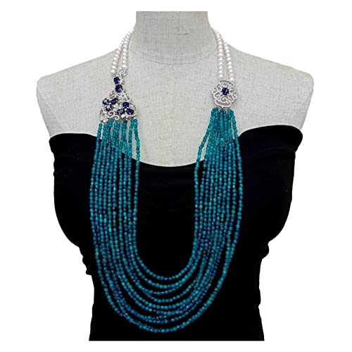 EFDSVUHE 10 Reihen blauer Achat kultivierte weiße Perlenkette Multi Stränge Schmuck Statement Halskette Frauen Geschenk von EFDSVUHE