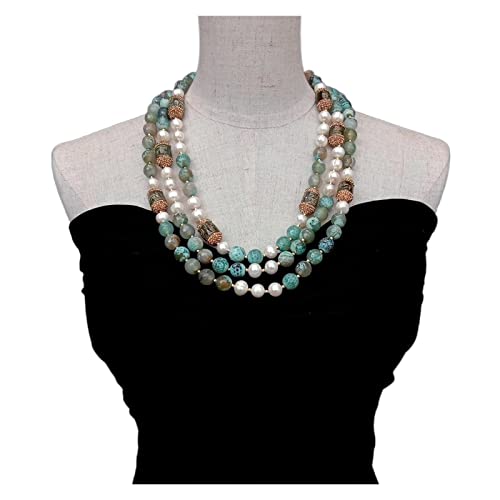 EFDSVUHE 3 Reihen 12mm grüner Achat Dzi Achat Süßwasser kultivierte weiße Perlenkette handgefertigte Damen Designer Schmuck von EFDSVUHE