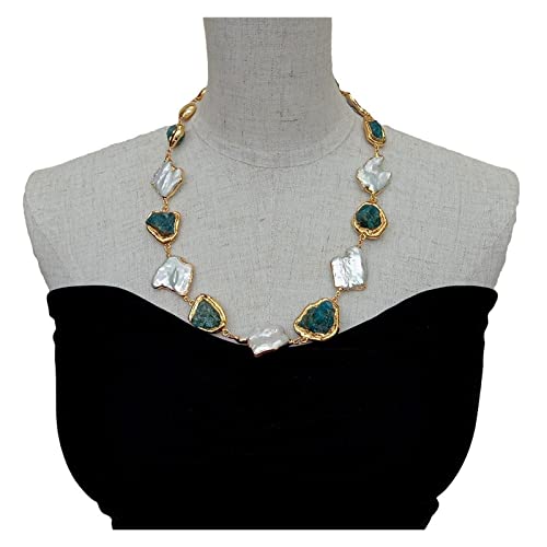 EFDSVUHE Ketten für Damen Gezüchtete weiße Keshi-Perle, natürlicher blauer Apatit, raues Halsband?Halskette 23 Zoll von EFDSVUHE