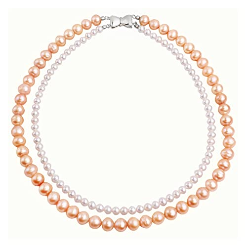 EFDSVUHE Schöne Hochzeit Doppelte Perlenkette Frauen, Natürliche Süßwasser Luxus Perlenkette Jahrestag Bestes Geschenk erfüllen (Color : White Pink, Size : In 50cm out 53cm) von EFDSVUHE