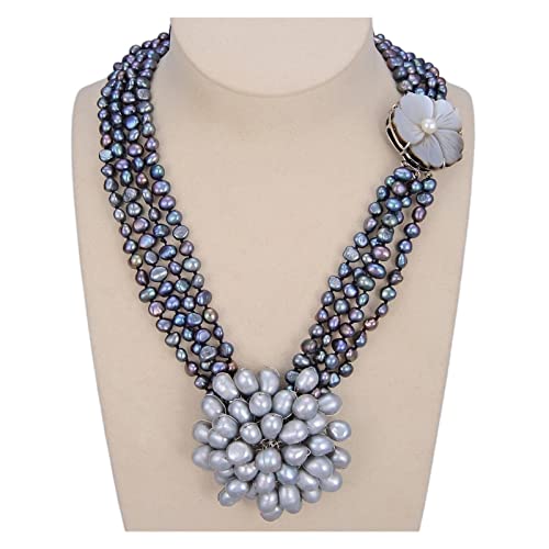 EFDSVUHE Schmuck 18 Zoll 4Strands natürliche schwarze Perlen-Grau-Perlen-Blumen-Halskette for Frauen erfüllen von EFDSVUHE