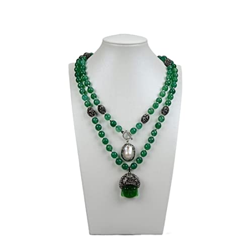 EFDSVUHE Schmuck 2 Stränge grüne Achate Keshi-Perlen grüne Quarze Buddha-Kopf-Anhänger-Halskette 20 Zoll religiöser Stil for Frauen erfüllen von EFDSVUHE