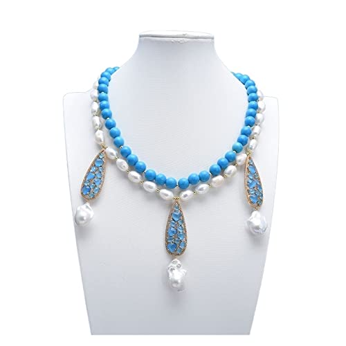 EFDSVUHE Schmuck 2-reihig natürliche weiße Perle blau Türkis Halskette Barockperle blau Katzenauge Anhänger handgefertigt for Frauen erfüllen von EFDSVUHE