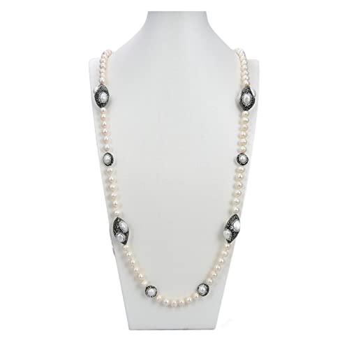 EFDSVUHE Schmuck 38 Zoll 8-9 mm weiße Perle schwarze Kristallpflaster lange Halskette for Frauen erfüllen von EFDSVUHE