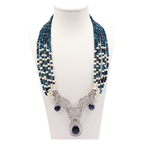 EFDSVUHE Schmuck 6 Reihen natürliche weiße Perle blauer runder Achat Halskette Blumenanhänger handgefertigt for Frauen erfüllen von EFDSVUHE