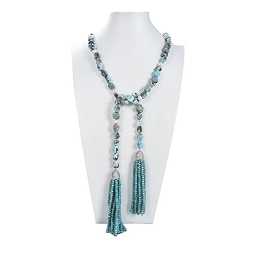 EFDSVUHE Schmuck lange 37 Zoll natürliche blaue Larimar weiße Perle Kristall Quasten Halskette for Frauen Pullover Kette erfüllen von EFDSVUHE