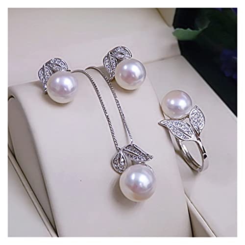 EFDSVUHE Schwarze Perlenkette Ohrringe Schmucksets for Frauen, 925er Sterlingsilber-Blattperlen-Set erfüllen (Size : White pearl set) von EFDSVUHE