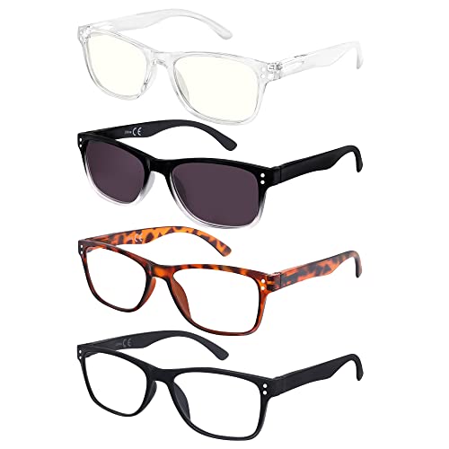 EFE Lesebrille Herren Damen Federscharniere Vintage Rechteckig Leichter Bequemer Leser Wert 4er-Pack Designer Stil Herren Frauen Enthalten Sonne Lesebrille Brille Lesehilfe für Damen Herren von EFE