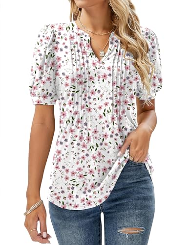 EFFAN Bluse Damen Tunika Sommer Kurzarm Blusen Longbluse Lässig Blusenshirt Sommerbluse Longtunika Blusentops Weiß_Rosa Blumen XL EFFAN Bluse Damen Tunika Sommer Kurzarm Blusen Longbluse Lässig Blusenshirt Sommerbluse Longtunika Blusentops Weiß_Rosa Blumen XL von EFFAN