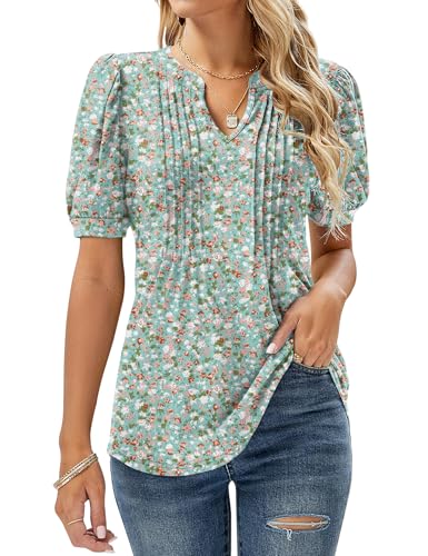 EFFAN Bluse Damen Tunika Sommer Longshirt Kurzarm Blusen Longbluse Lässig Blusenshirt Sommerbluse Longtunika Blusentops Blumen_Grün Weiß XXL von EFFAN