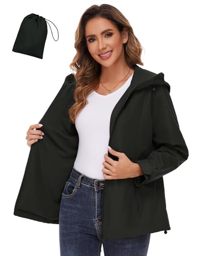 EFFAN Regenjacke Damen Wasserdicht Atmungsaktiv Funktionsjacke Leicht Jacke Outdoorjacke Regenmantel Frühlingsjacke Übergangsjacke Windbreaker Schwarz XXL von EFFAN