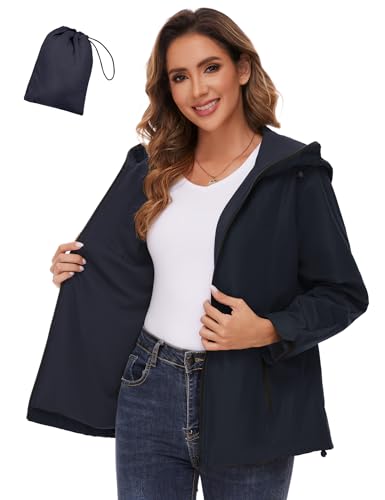 EFFAN Regenjacke Damen Wasserdicht Atmungsaktiv Regenmantel Trekkingjacke Sommer Wanderjacke Leichte Laufjacke Funktionsjacke Windbreaker Navy Blau L von EFFAN