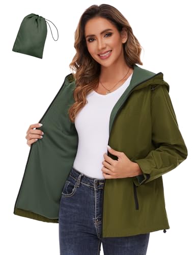 EFFAN Regenjacke Damen Wasserdicht Atmungsaktiv Windbreaker Funktionsjacke Regenmantel Leichte Jacke Wandern Trekkingjacke Sommer Outdoor Jacken Armeegrün XL von EFFAN