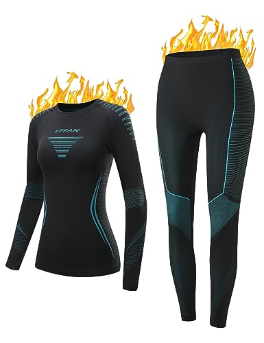 EFFAN Skiunterwäsche Damen Funktionsunterwäsche Ski Unterwäsche Frauen Set Thermo Unterwäsche Thermounterwäsche Winter Skikleidung Warm Thermokleidung Sportunterwäsche Schwarz+Blau S von EFFAN