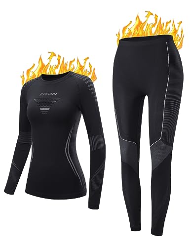 EFFAN Skiunterwäsche Damen Thermounterwäsche Ski Unterwäsche Frauen Set Funktionsunterwäsche Sportunterwäsche Thermal Underwear Women Thermo Unterwäsche Schwarz+Grau L von EFFAN