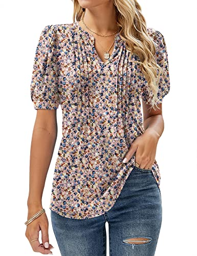 EFFAN Tunika Damen Sommer T-Shirt V-Ausschnitt Kurzarm Longtunika Leichte Blusen Sommerbluse Blusenshirt Blouse Faltenbluse Locker Longshirt Blumen-Rosa M von EFFAN