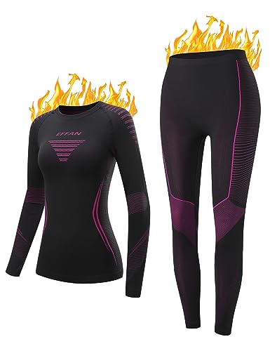 Skiunterwäsche Funktionsunterwäsche Thermounterwäsche Damen Unterwäsche Frauen Set Extra Warm Winter Sportunterwäsche Thermopulloverdamen Ski Kleidung Schwarz+Fuchsie M von EFFAN