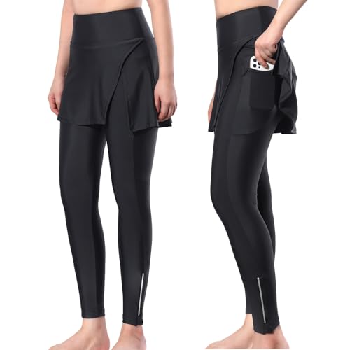 EFGETD 2 in 1 Rockhose Damen Radsport Strumpfhose Gepolstert 5D Gel Fahrradhose Lange Hose Atmungsaktiv Hoch Taillierte Fahrrad Leggings mit Taschen(L) von EFGETD