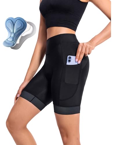 EFGETD Kurze Radlerhose Damen Gepolstert 4D mit Tasche Hohe Taille Leggings Fahrradhose Kurz für Kleid Elastisch Shorts für Sport Yoga Fitness Radfahren(Schwarz,M) von EFGETD