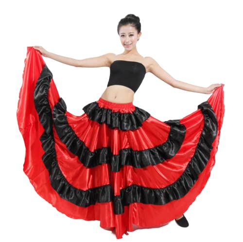 Damen Satin Rot Schwarz Flamenco Kostüm Erwachsene Spanischer Tanz Performance Rock Ballsaal Kostüm Stierkampf Wettbewerb Übungsrock,Red540°,XL von EFLAL