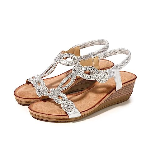 Damen Keilsandalen 2023 Strass Open Toe Strand Alias Rückengurt Gummiband Elegante Böhmen Schuhe Damen,Silber,35 EU von EFLAL