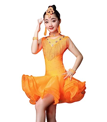 EFLAL Kinder Mädchen Latein Tanzkleid Ballsaal Wettbewerb Tanzkleider FransenkleidLatin Dancewear Tango Ballsaal Tanzkleid,Orange,160cm von EFLAL