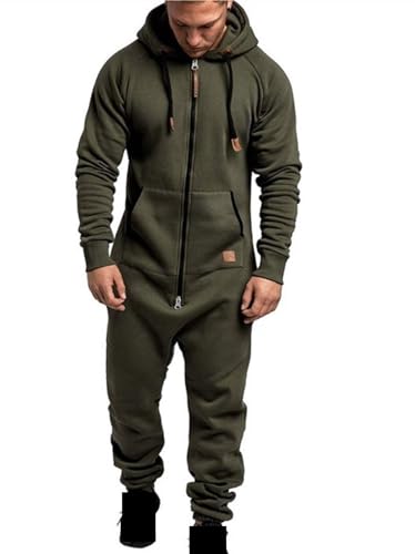 EflAl Herren Einteiler Mit Kapuze Übergroßer Overall Mit Reißverschluss, Strampler Lässig Einfarbig Einteilig Jogger Sweatsuit Nachtwäsche (Color : Army Green, Size : L) von EFLAL