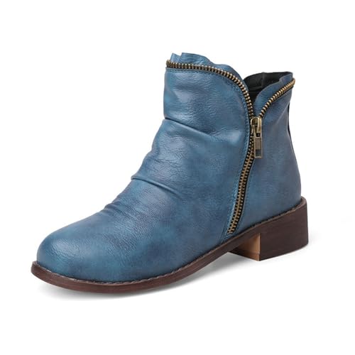 EFLALYHG Blau,46, Bestickte Stiefeletten für Damen, 2024 Retro-Western-Cowboystiefel mit spitzer Spitze, seitlichem Reißverschluss, dickem Absatz, Leder-Chelsea-Booties im Used-Look von EFLALYHG