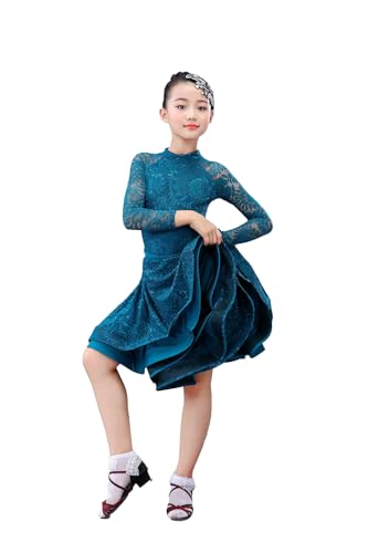 EFLALYHG Blau 140 Mädchen Latein-Tanzkleid Spitze Mesh Professionelle Tanz Wettbewerb Kleider für Tango Cha Cha Salsa Rock von EFLALYHG