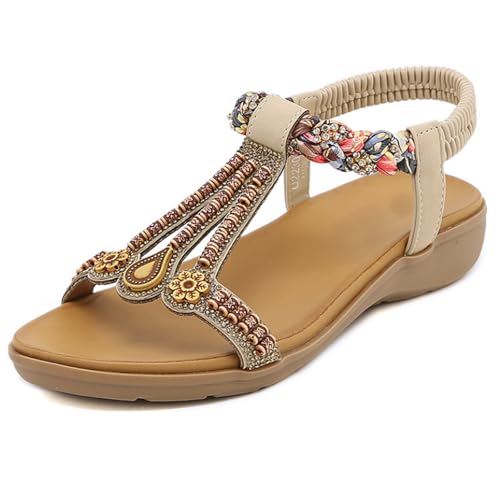 EFLALYHG Damen Frühling Sommer Keilabsatz Sandalen Zehensteg Bohemian Kleid Flip Flops Slip On Damen Strand Flache Römersandalen,Apricot,39 EU von EFLALYHG