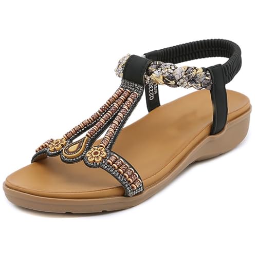 EFLALYHG Damen Frühling Sommer Keilabsatz Sandalen Zehensteg Bohemian Kleid Flip Flops Slip On Damen Strand Flache Römersandalen,Schwarz,39 EU von EFLALYHG