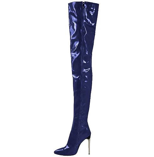 EFLALYHG Damen Leder Overknee Stiefel High Heel Sexy High Boot 2023 Neue Große Größe Stiletto Damen Lange Stiefel,Blau,44 von EFLALYHG