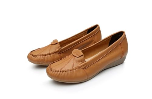 EFLALYHG Damen-Loafer aus Leder, niedriger Keilabsatz Schlupf-Mokassins lässige Bootsschuhe,Apricot,37 EU von EFLALYHG