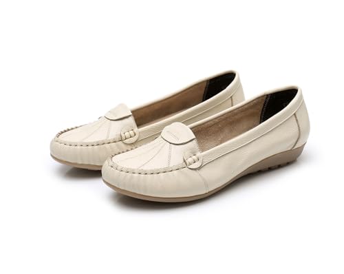 EFLALYHG Damen-Loafer aus Leder, niedriger Keilabsatz Schlupf-Mokassins lässige Bootsschuhe,Beige,38 EU von EFLALYHG