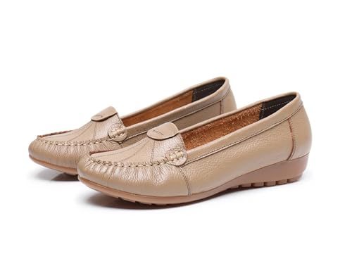 EFLALYHG Damen-Loafer aus Leder, niedriger Keilabsatz Schlupf-Mokassins lässige Bootsschuhe,Camel,38 EU von EFLALYHG