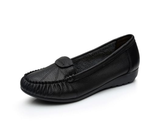 EFLALYHG Damen-Loafer aus Leder, niedriger Keilabsatz Schlupf-Mokassins lässige Bootsschuhe,Schwarz,37 EU von EFLALYHG