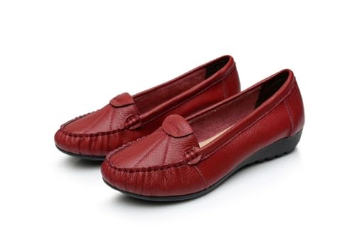 EFLALYHG Damen-Loafer aus Leder, niedriger Keilabsatz Schlupf-Mokassins lässige Bootsschuhe,Wine red,37 EU von EFLALYHG