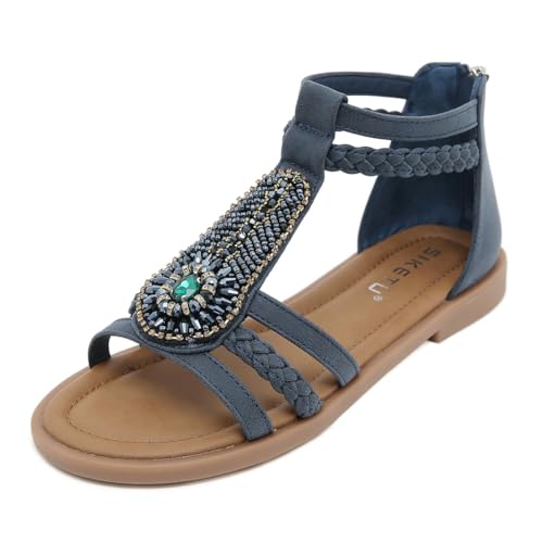 EFLALYHG Damen Sandalen Flache Schuhe Sommer lässige Strand-Hausschuhe mit Reißverschluss hinten Bohemian-Gladiator-Stil Strand-Hausschuhe,Blau,40 EU von EFLALYHG