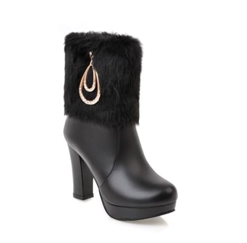 EFLALYHG Damen Weihnachtsstiefeletten aus Kunstpelz Herbst und Winter Seitlicher Reißverschluss High Heels Party Hochzeitsschuhe,Schwarz,42 EU von EFLALYHG