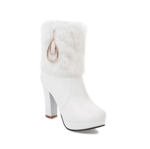 EFLALYHG Damen Weihnachtsstiefeletten aus Kunstpelz Herbst und Winter Seitlicher Reißverschluss High Heels Party Hochzeitsschuhe,Weiß,41 EU von EFLALYHG