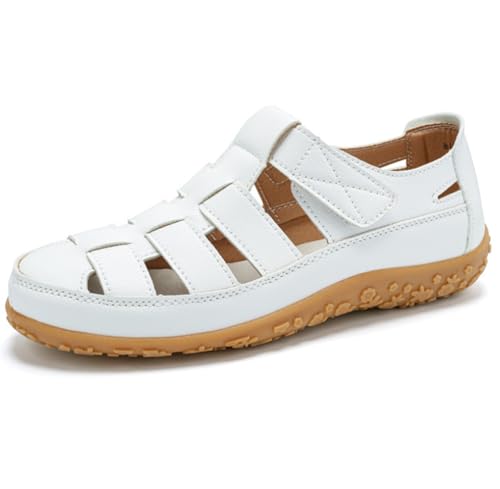 EFLALYHG Flache Damensandalen, Bequeme orthopädische Sportsandalen aus Leder mit geschlossener Spitze Outdoor-Schuhe für Strand und den Sommer,Weiß,37 EU von EFLALYHG
