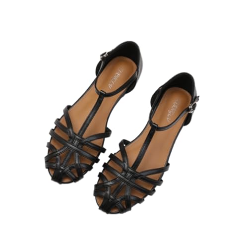 EFLALYHG Flache Sandalen für Damen, geschlossene Zehenpartie bequemer Knöchelriemen Riemchen-Römerschuhe lässig, elegant Sommer-Gladiator-Sandalen,Schwarz,41 EU von EFLALYHG