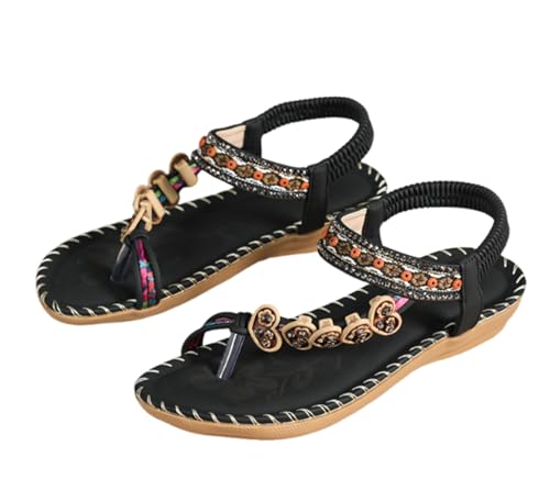 EFLALYHG Flache Sandalen für Damen, lässige Sommer-Flip-Flops im Bohemian-Stil mit Perlenriemen und Strasssteinen Zehenclip Strandsandalen,Schwarz,39 EU von EFLALYHG