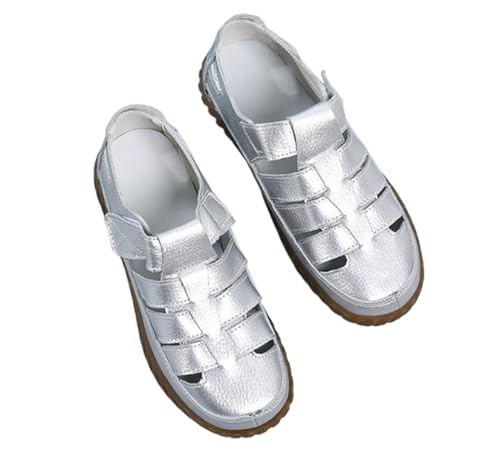 EFLALYHG Ledersandalen für Damen flach orthopädisch Plateau-Strandsandalen Retro römisch zum Gehen Hohllochschuhe,Silber,38 EU von EFLALYHG