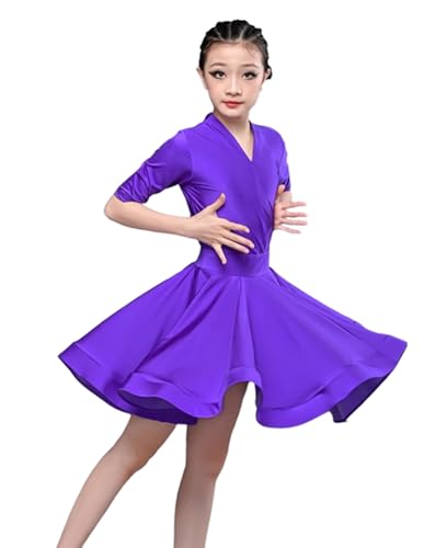 EFLALYHG Lila,150, Mädchen Latein Tanzkleid, Polyester Mittelärmel Latein Salsa Gesellschaftstanz Wettbewerb Kostüm Tanzshow Kostüm von EFLALYHG