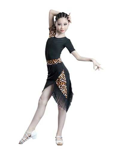 EFLALYHG Mädchen Latein Tanzkleid Schräger Fransensaum Gesellschaftstanz Tango Rumba Salsa Ballsaal Performance Wettkampfkleider,Leopard,140 von EFLALYHG