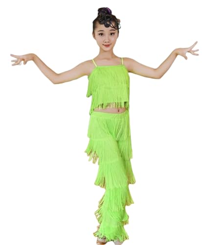 EFLALYHG Mädchen Quaste Standard Latein Tanzkleid Kinder Gesellschaftstanz Rock für Salsa Rumba Cha Cha Samba Tango Professionelles Tanzwettbewerb Kostüm,Grün,160 von EFLALYHG