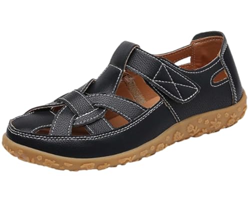 EFLALYHG Orthopädische Sandalen aus Leder für Damen, rutschfeste, lässige Römersandalen, lässige Gladiator-Schuhe für den Sommer mit Hohlloch Urlaub Strand,Schwarz,38 EU von EFLALYHG
